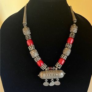 AMAZING Old Large Silver With Large Hirz and Globe beads Bedouin Necklace.